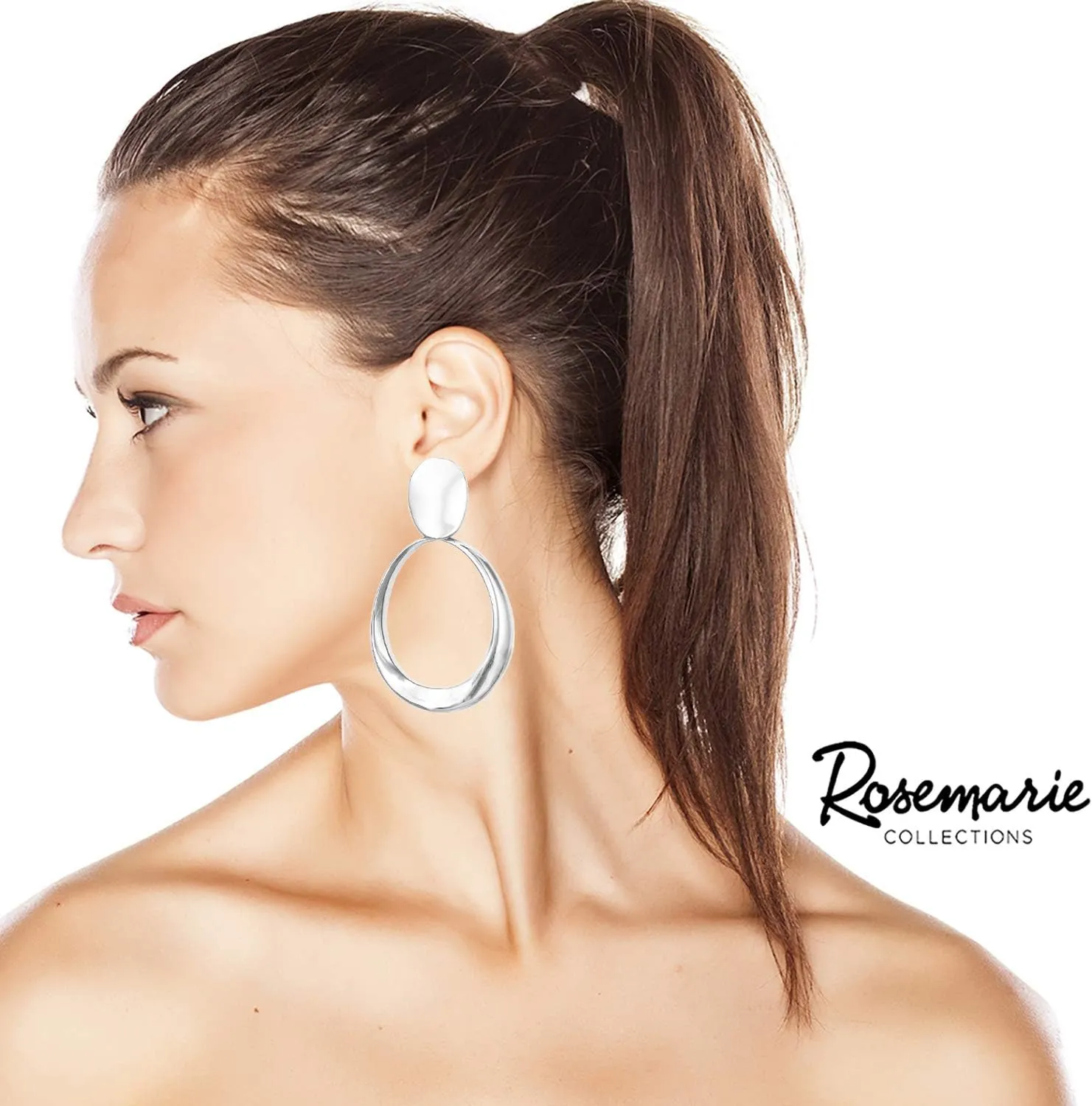 Rosemarie & Jubalee Women's Statement Metal Disc Oval Twist Hoop Dangle Clip on Style Earrings, 3.25"