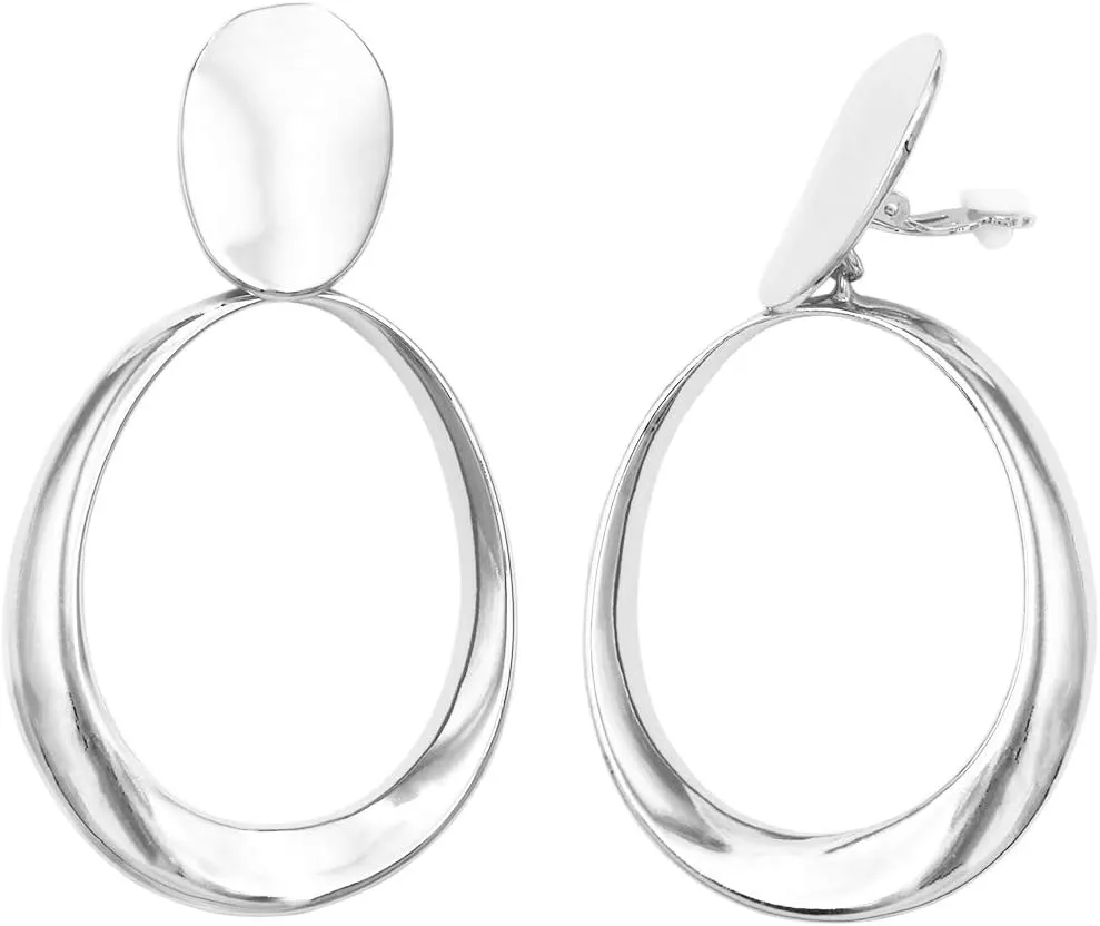 Rosemarie & Jubalee Women's Statement Metal Disc Oval Twist Hoop Dangle Clip on Style Earrings, 3.25"