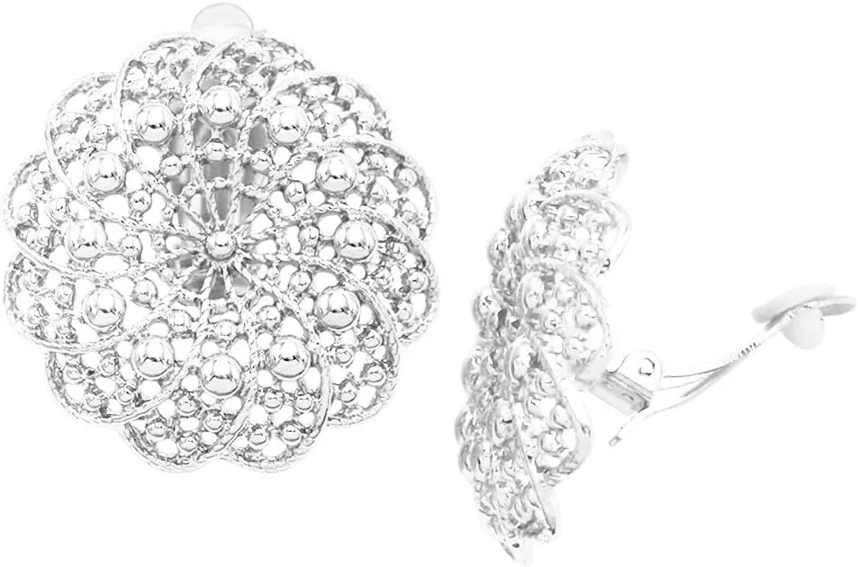 Rosemarie Collections Women's Statement Circular Filigree Metal Doily Flower Clip On Earrings, 1.5"