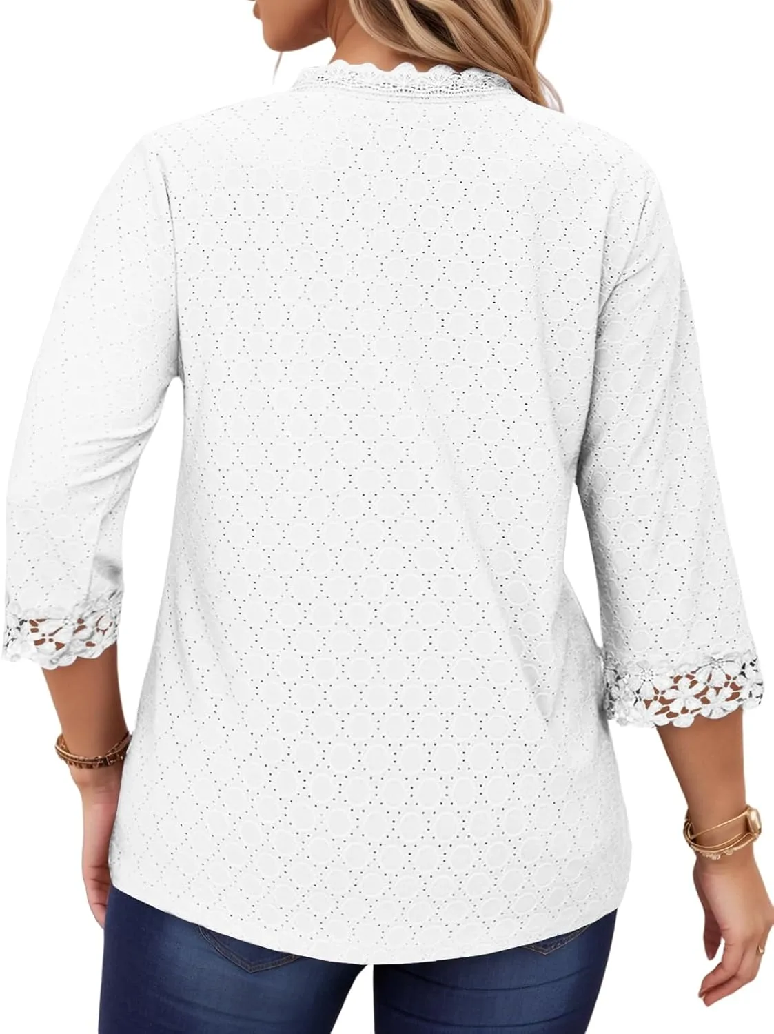 ROSRISS Womens-Tops-Plus-Size Dressy Lace Trim V Neck 3/4 Length Sleeve Shirts Trendy Dot Eyelet Blouses Casual Loose Tunics