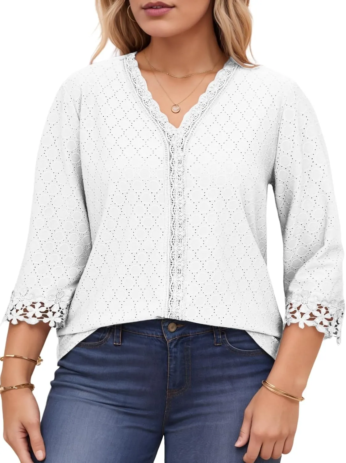 ROSRISS Womens-Tops-Plus-Size Dressy Lace Trim V Neck 3/4 Length Sleeve Shirts Trendy Dot Eyelet Blouses Casual Loose Tunics