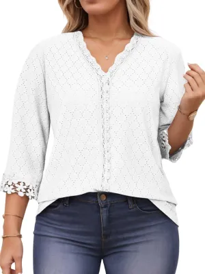 ROSRISS Womens-Tops-Plus-Size Dressy Lace Trim V Neck 3/4 Length Sleeve Shirts Trendy Dot Eyelet Blouses Casual Loose Tunics