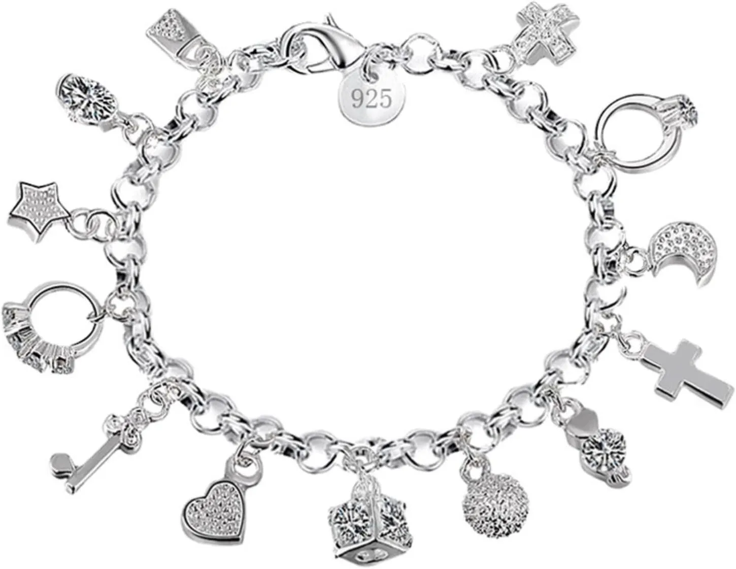 Rrdaily Charm Silver Thirteen Hanging Pieces Bracelet for Women, Lucky Myth Charms Cross Heart Star Bracelets Lovers Friends Jewelry Gifts