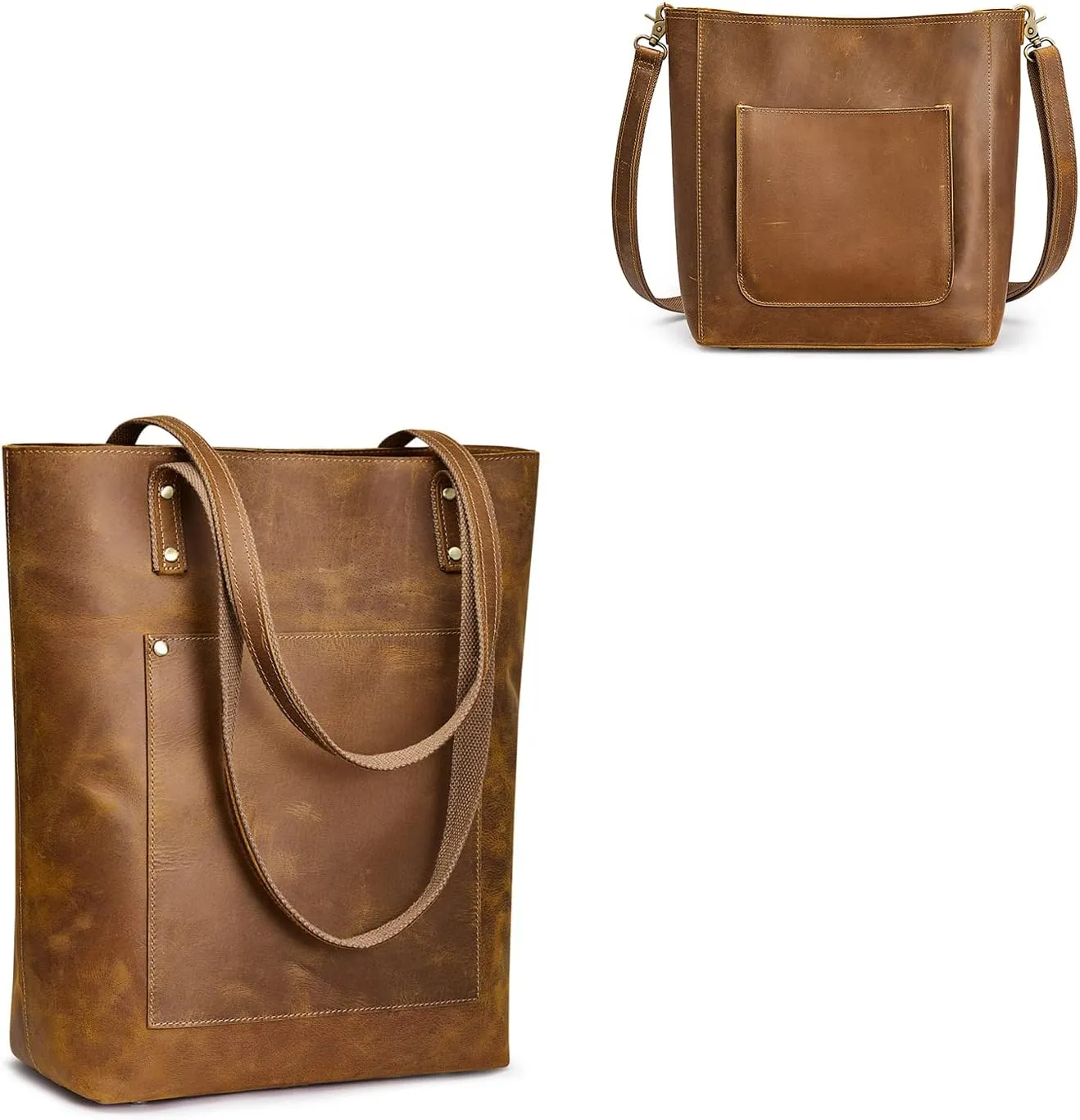 S-ZONE Women Genuine Leather Tote Bag Vertical Handbag Bundle with Crossbody Bucket Shoulder Purse