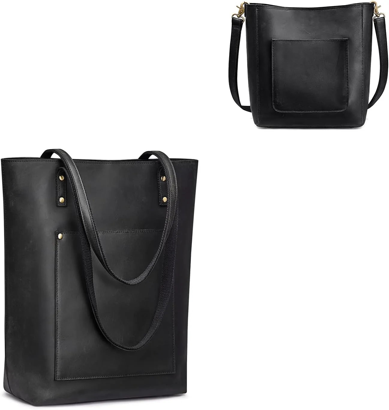 S-ZONE Women Genuine Leather Tote Bag Vertical Handbag Bundle with Crossbody Bucket Shoulder Purse