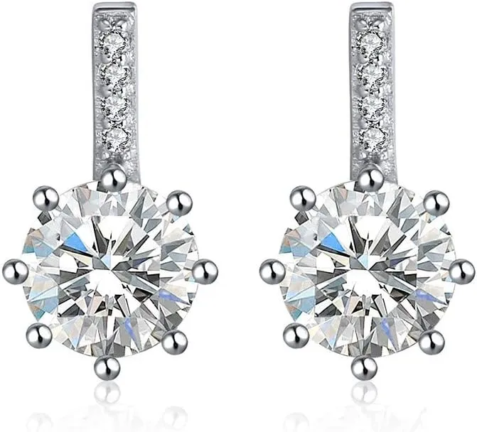 S925 Sterling Silver Round Solitaire Cubic Zirconia Bar Rhodium Plated Woman Stud Drop Earring Fine Facets SE109
