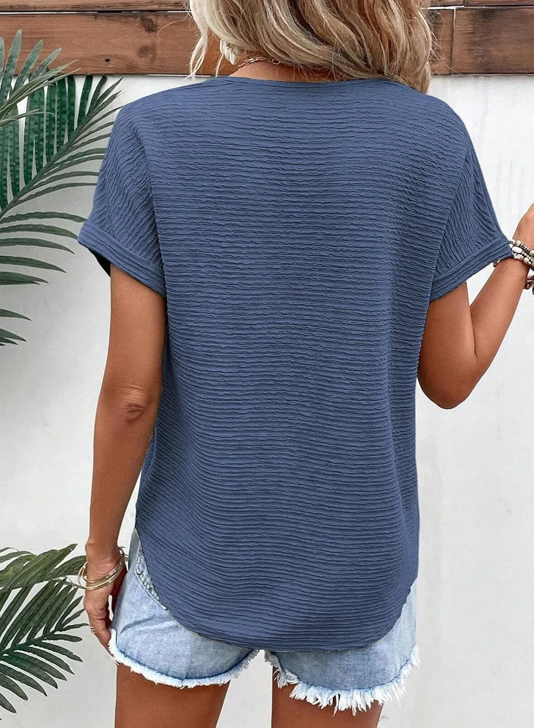 Samefar Womens Tops Dressy Casual V Neck Short Cap Sleeve Shirts Rib Texture Loose Blouses Tee Cute Clothes Trendy
