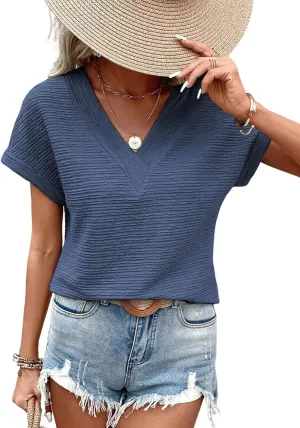 Samefar Womens Tops Dressy Casual V Neck Short Cap Sleeve Shirts Rib Texture Loose Blouses Tee Cute Clothes Trendy