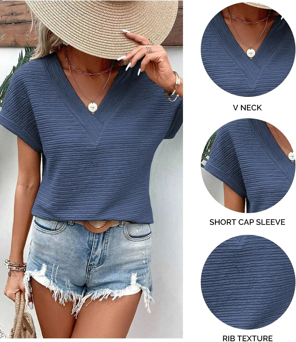 Samefar Womens Tops Dressy Casual V Neck Short Cap Sleeve Shirts Rib Texture Loose Blouses Tee Cute Clothes Trendy