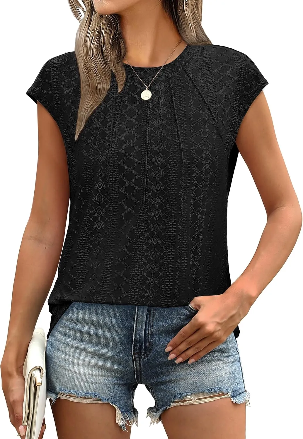 SAMPEEL Womens T Shirts Short Sleeve Pleated Dressy Casual Cap Sleeve Summer Tops Blouses
