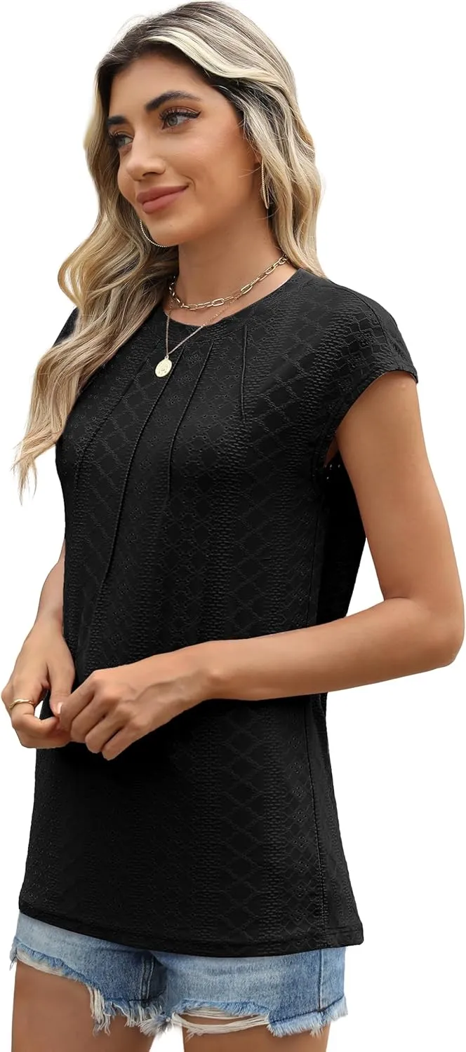 SAMPEEL Womens T Shirts Short Sleeve Pleated Dressy Casual Cap Sleeve Summer Tops Blouses