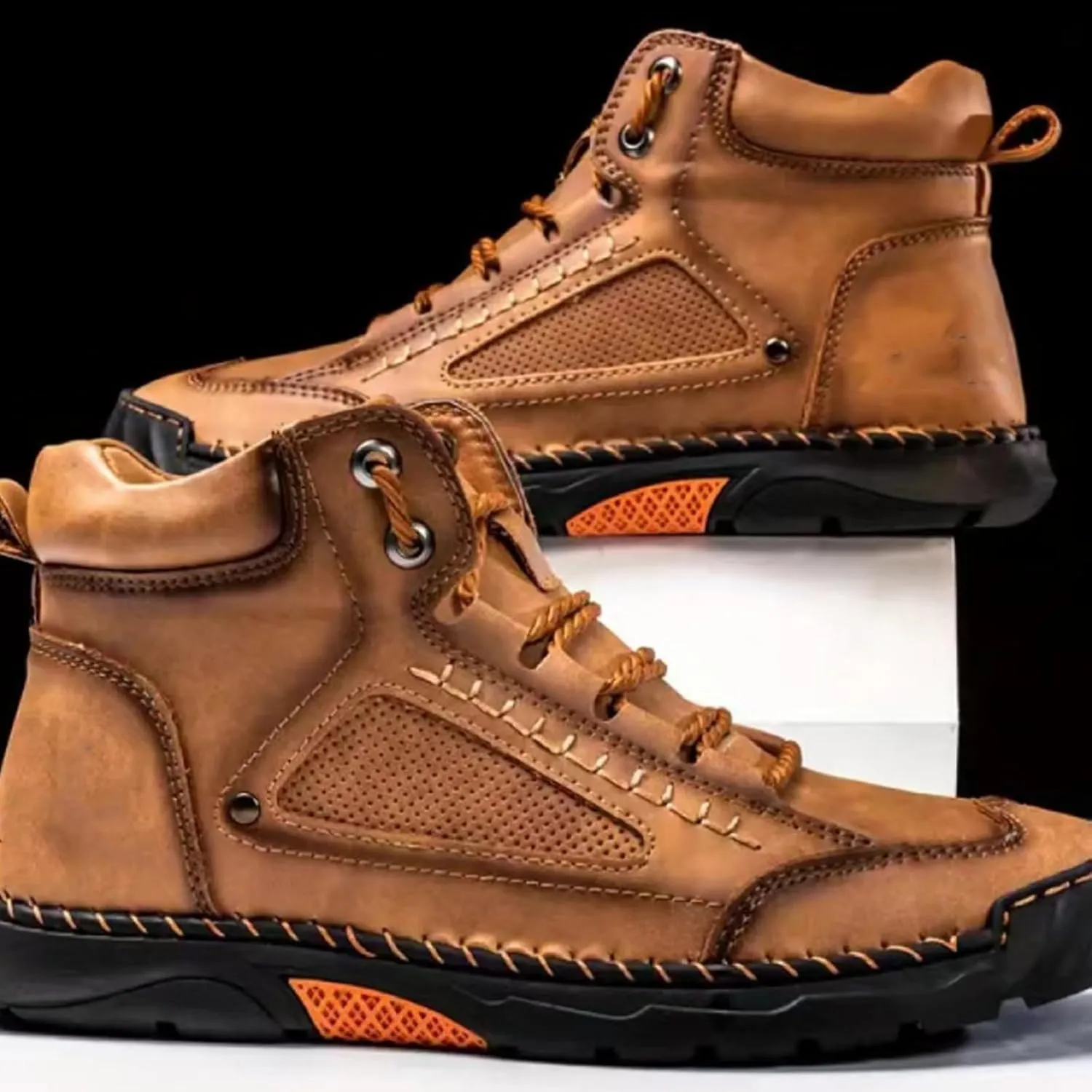 Sawbehind Men's Comfortable Handmade Leather Boots  Waterproof, Spacious Toe Box Outdoor Leather Shoes, Arch Support