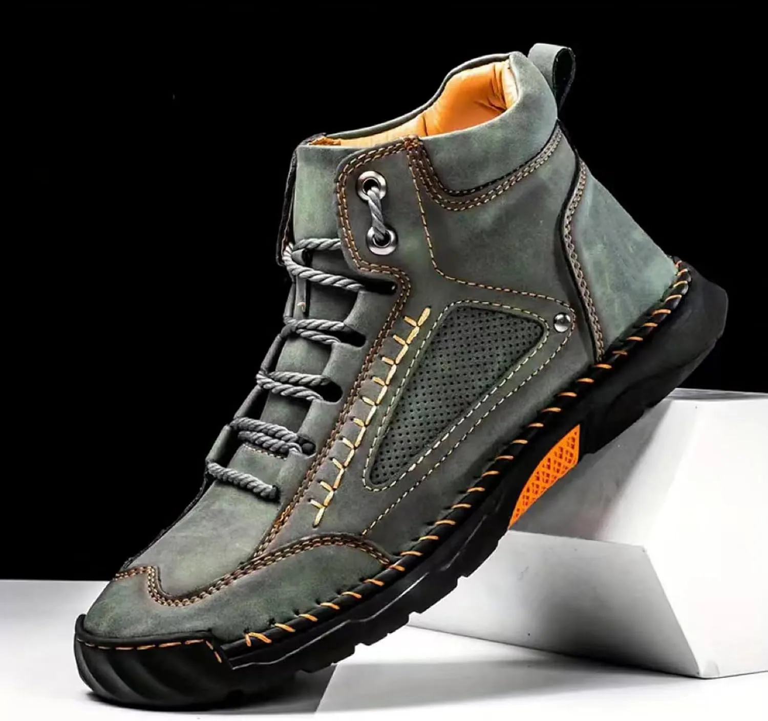 Sawbehind Men's Comfortable Handmade Leather Boots  Waterproof, Spacious Toe Box Outdoor Leather Shoes, Arch Support