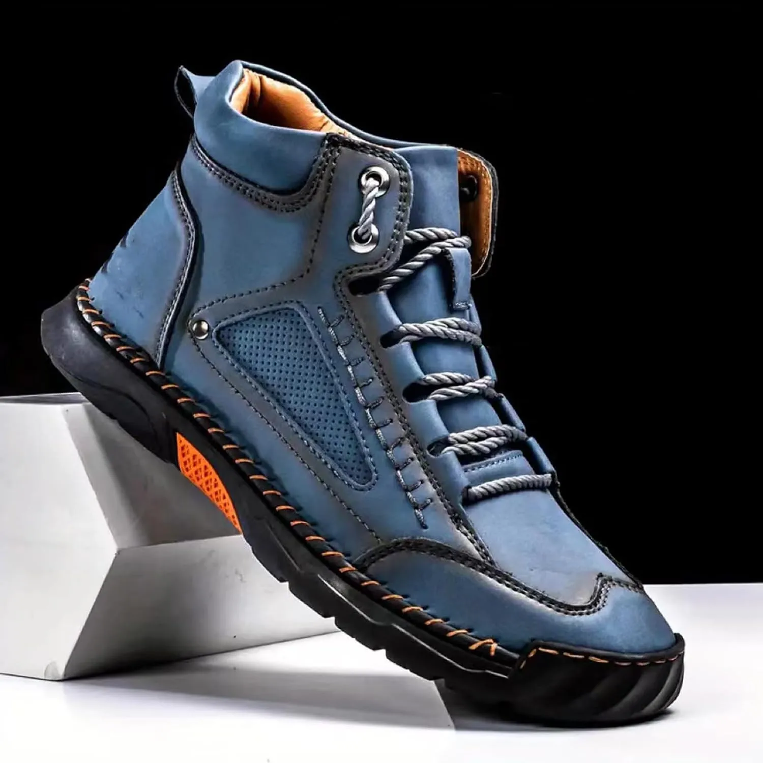 Sawbehind Men's Comfortable Handmade Leather Boots  Waterproof, Spacious Toe Box Outdoor Leather Shoes, Arch Support