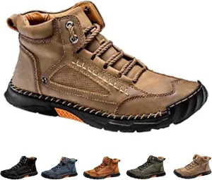 Sawbehind Men's Comfortable Handmade Leather Boots  Waterproof, Spacious Toe Box Outdoor Leather Shoes, Arch Support