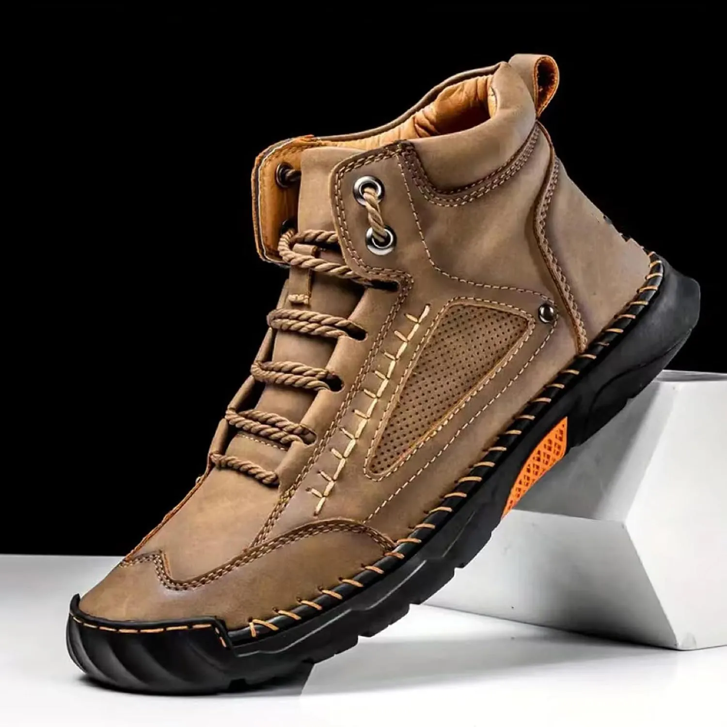 Sawbehind Men's Comfortable Handmade Leather Boots  Waterproof, Spacious Toe Box Outdoor Leather Shoes, Arch Support