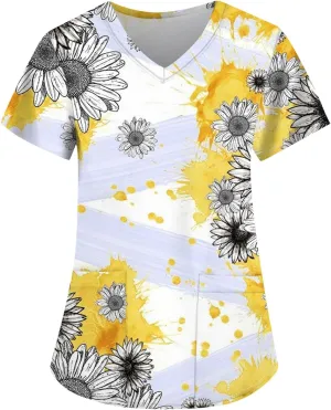 Scrubs for Women Short Sleeve V Neck Print Tops Nursing Working Uniform T-Shirts Casual Caregiver Top