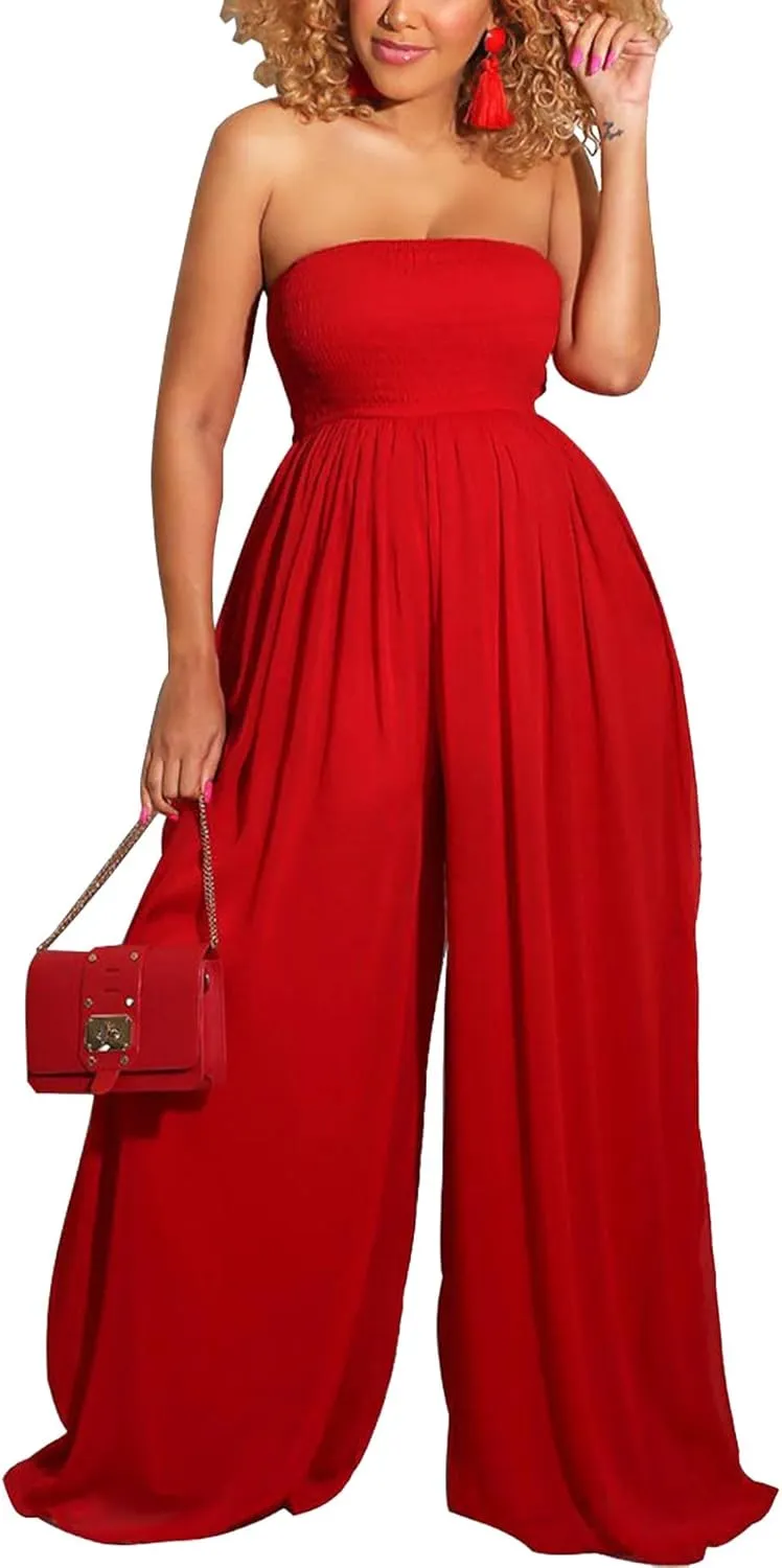 Sexyshine Women's Sexy Off Shoulder Tube Top Rompers High Waist Long Wide Leg Pants Jumpsuits