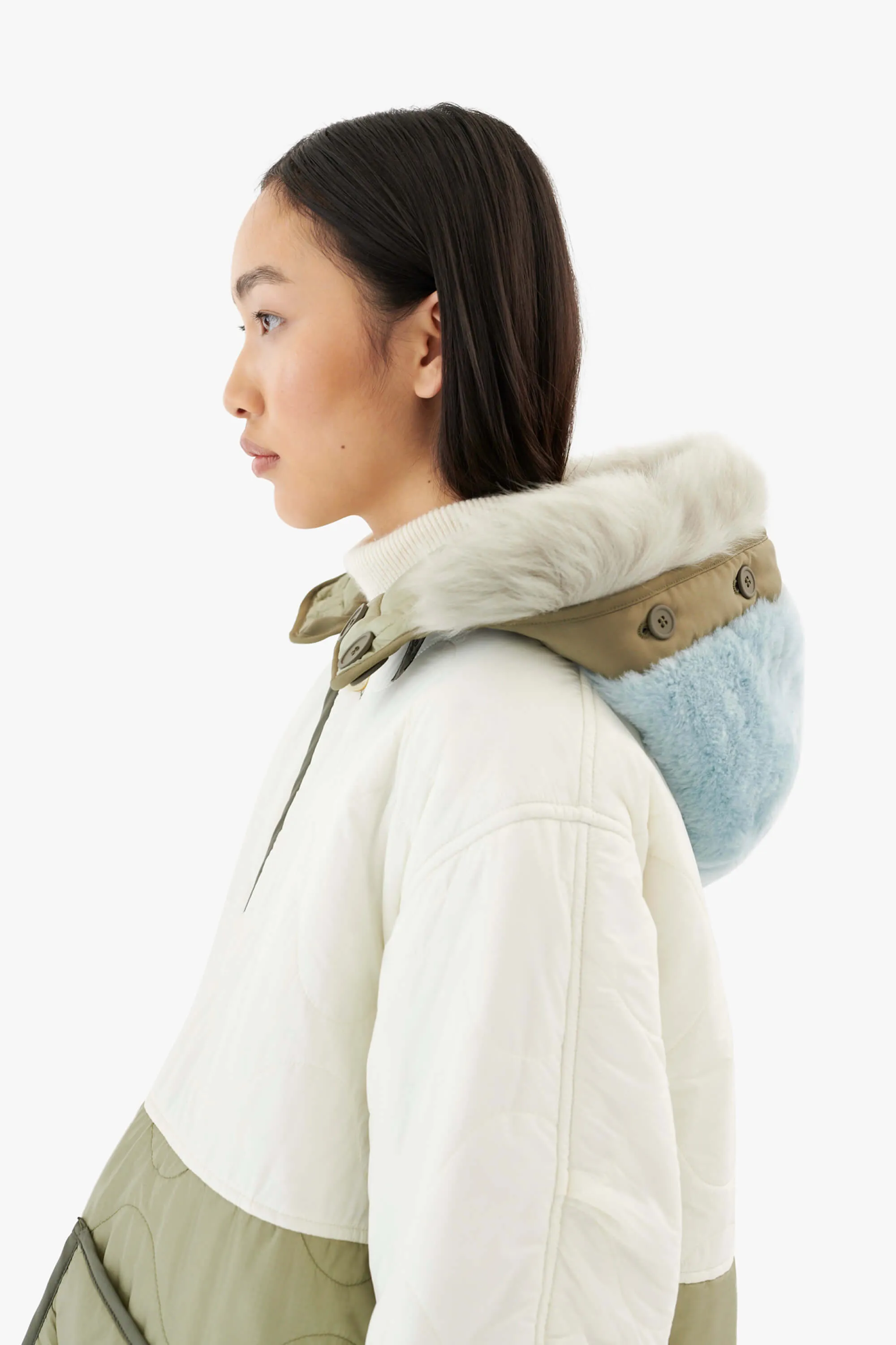 Shearling Quilt Hood - Sky Blue / Pale Sage