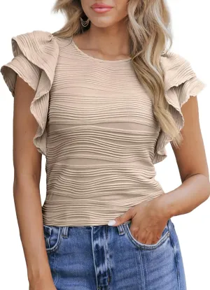 SHEWIN Womens Tops Casual Crewneck Ruffle Short Sleeve T Shirts Slim Fit Dressy Blouses