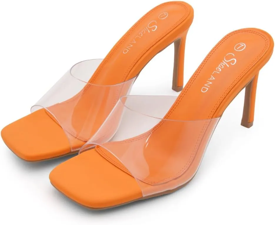 Shoe Land Melrose Women's High Heels Stiletto Heeled Slides, Square Open Toe One Band Slip-On Heeled Mules  Dressy Clear Heeled Sandals for Prom Party Wedding and Vacation