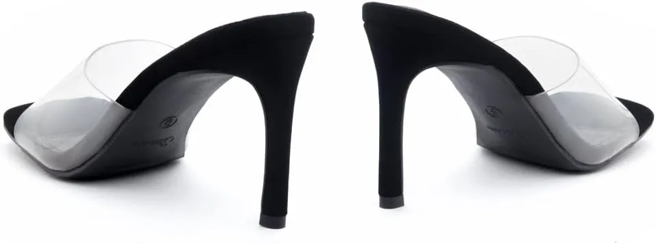 Shoe Land Melrose Women's High Heels Stiletto Heeled Slides, Square Open Toe One Band Slip-On Heeled Mules  Dressy Clear Heeled Sandals for Prom Party Wedding and Vacation