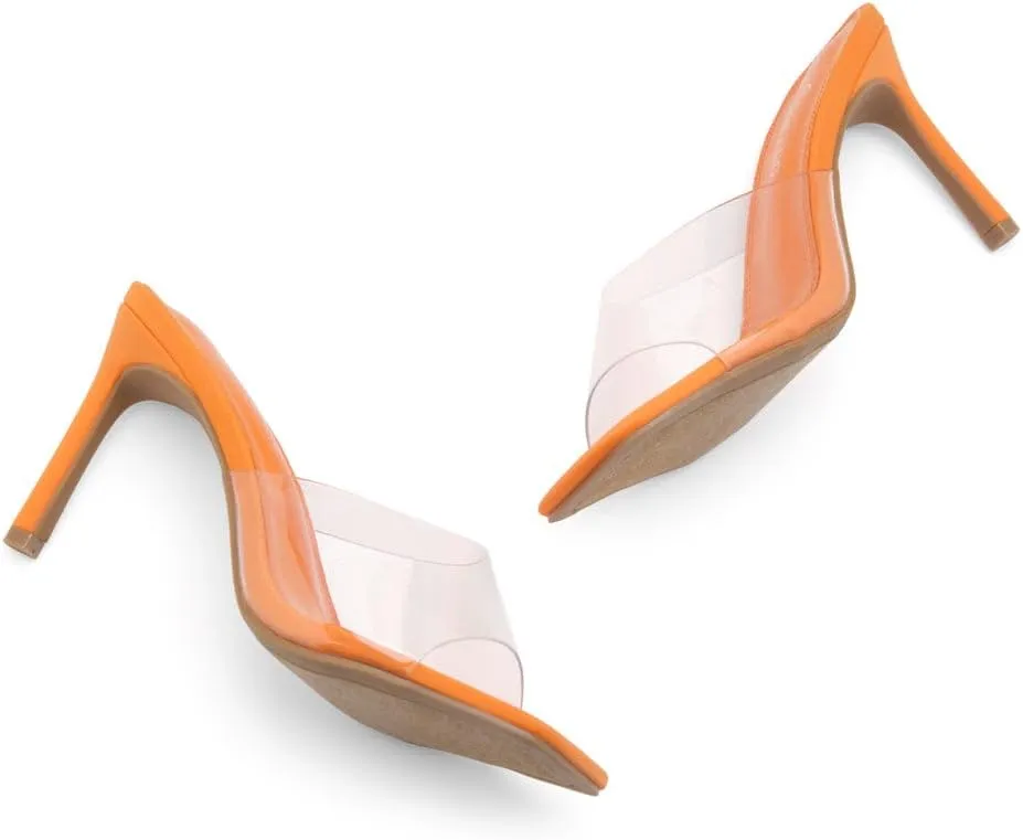 Shoe Land Melrose Women's High Heels Stiletto Heeled Slides, Square Open Toe One Band Slip-On Heeled Mules  Dressy Clear Heeled Sandals for Prom Party Wedding and Vacation