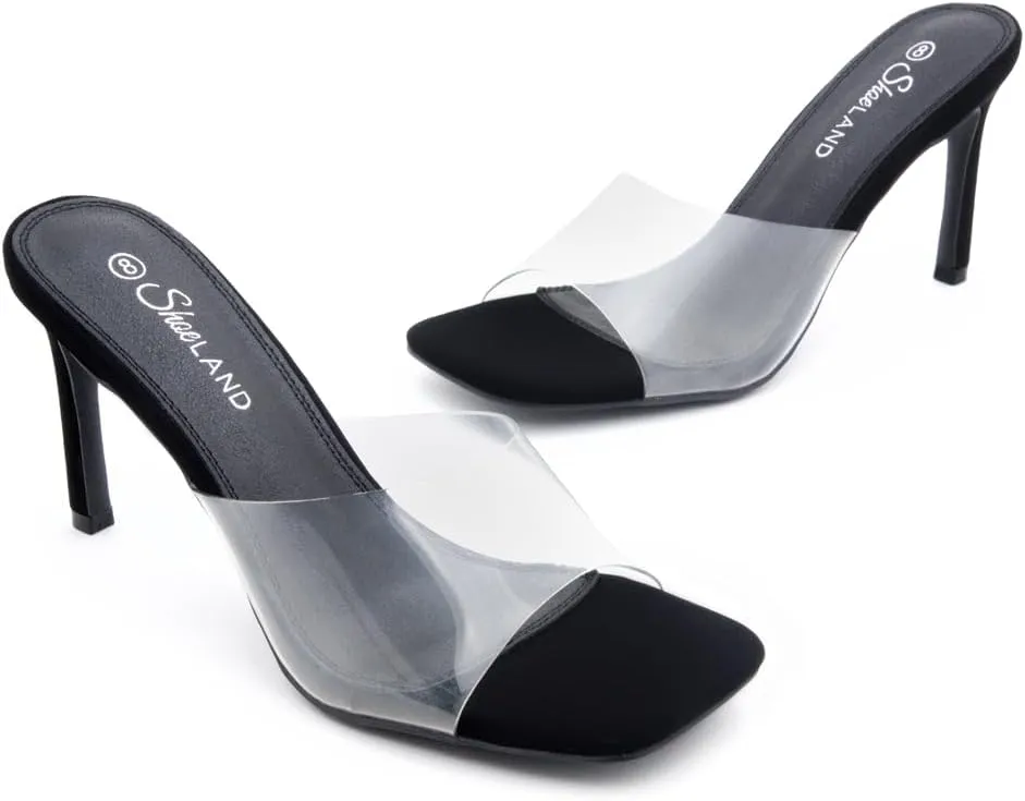 Shoe Land Melrose Women's High Heels Stiletto Heeled Slides, Square Open Toe One Band Slip-On Heeled Mules  Dressy Clear Heeled Sandals for Prom Party Wedding and Vacation