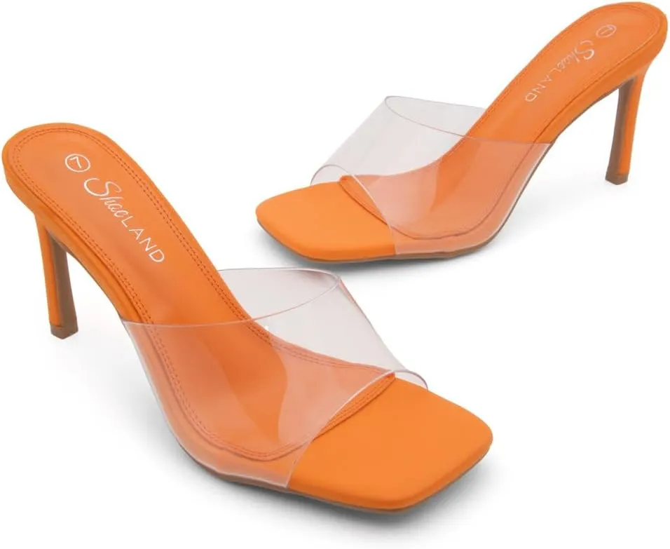 Shoe Land Melrose Women's High Heels Stiletto Heeled Slides, Square Open Toe One Band Slip-On Heeled Mules  Dressy Clear Heeled Sandals for Prom Party Wedding and Vacation
