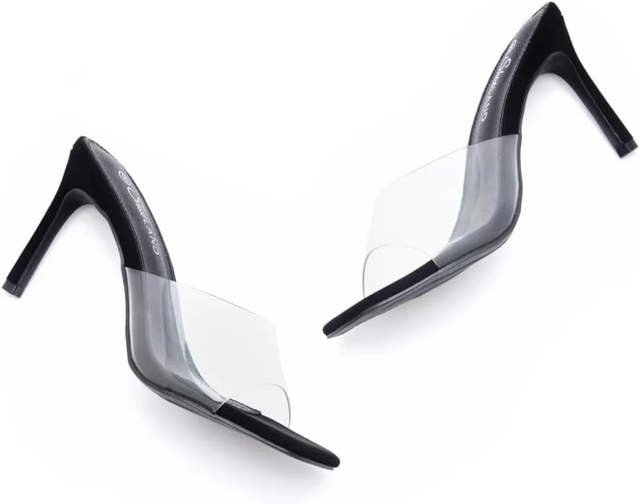 Shoe Land Melrose Women's High Heels Stiletto Heeled Slides, Square Open Toe One Band Slip-On Heeled Mules  Dressy Clear Heeled Sandals for Prom Party Wedding and Vacation