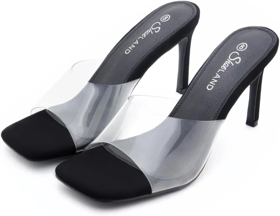 Shoe Land Melrose Women's High Heels Stiletto Heeled Slides, Square Open Toe One Band Slip-On Heeled Mules  Dressy Clear Heeled Sandals for Prom Party Wedding and Vacation