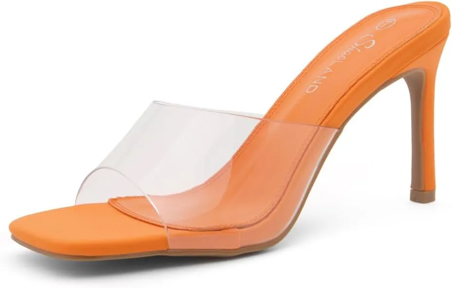 Shoe Land Melrose Women's High Heels Stiletto Heeled Slides, Square Open Toe One Band Slip-On Heeled Mules  Dressy Clear Heeled Sandals for Prom Party Wedding and Vacation