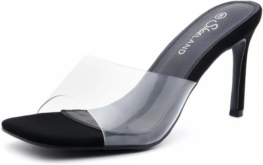 Shoe Land Melrose Women's High Heels Stiletto Heeled Slides, Square Open Toe One Band Slip-On Heeled Mules  Dressy Clear Heeled Sandals for Prom Party Wedding and Vacation