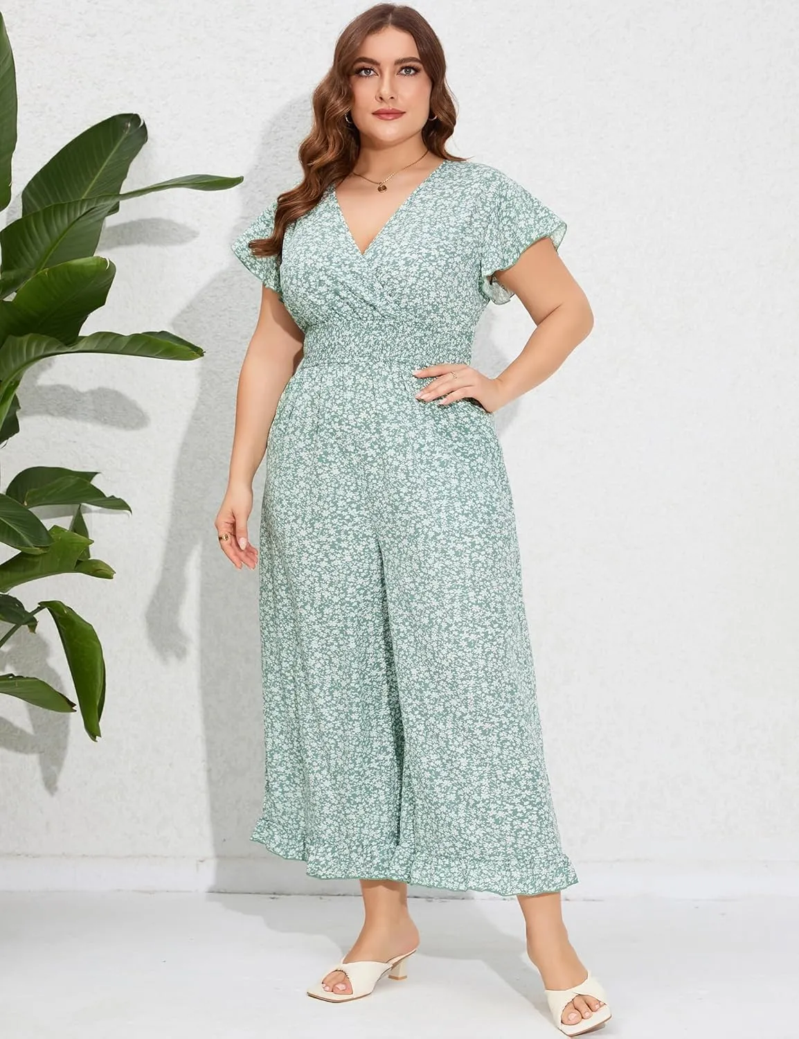 ShopWonder Plus Size Loose Jumpsuits for Women Summer Short Sleeve One Piece Outfit Elastic Waist Wide Leg Floral Jumpsuits