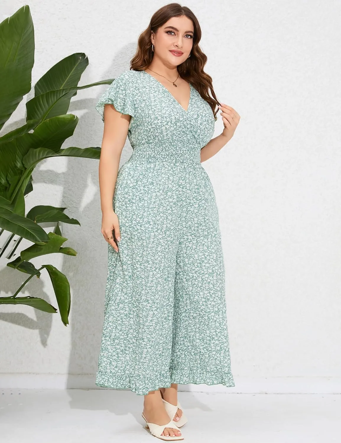 ShopWonder Plus Size Loose Jumpsuits for Women Summer Short Sleeve One Piece Outfit Elastic Waist Wide Leg Floral Jumpsuits