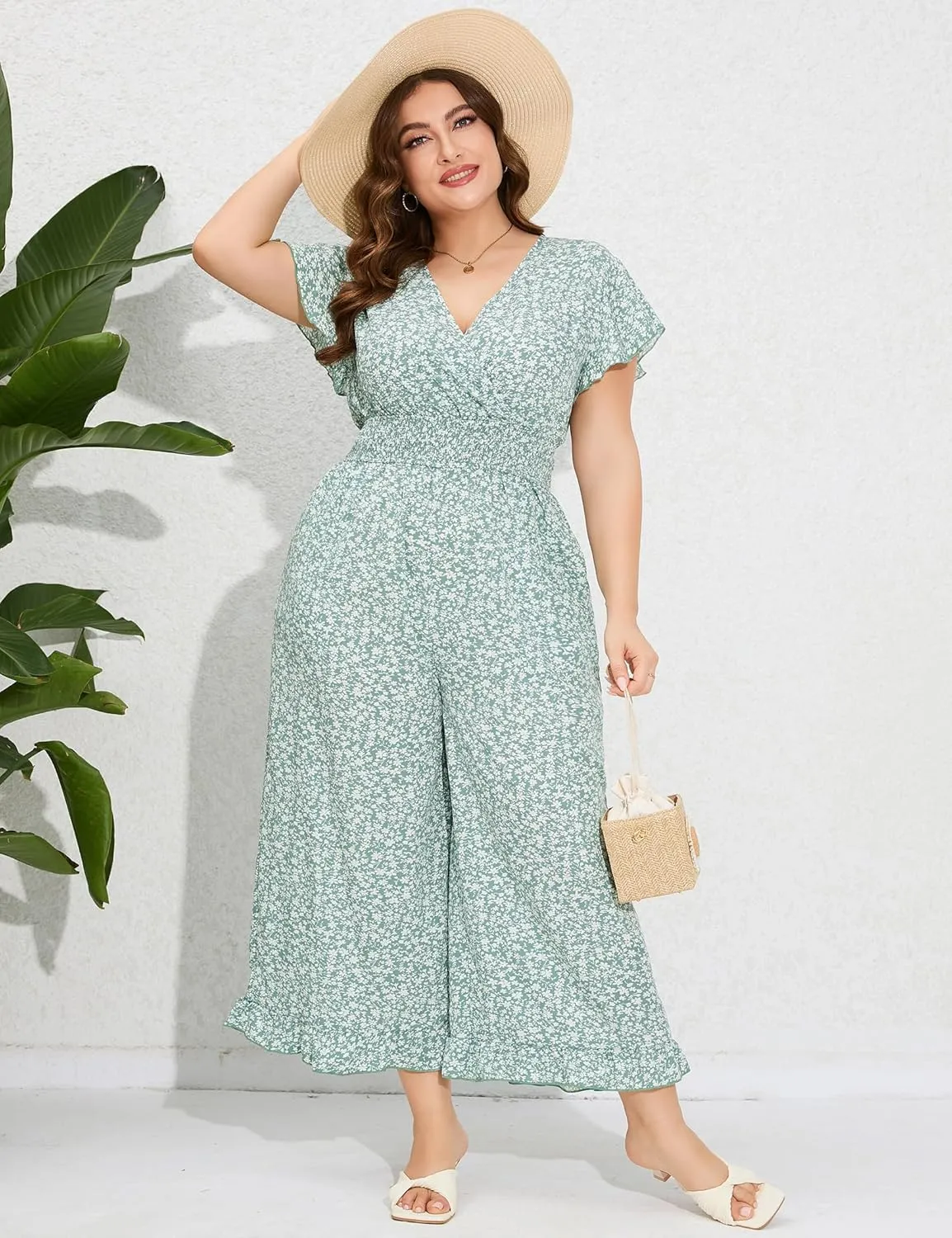 ShopWonder Plus Size Loose Jumpsuits for Women Summer Short Sleeve One Piece Outfit Elastic Waist Wide Leg Floral Jumpsuits