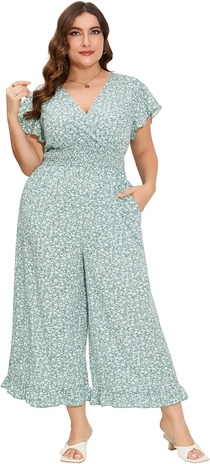 ShopWonder Plus Size Loose Jumpsuits for Women Summer Short Sleeve One Piece Outfit Elastic Waist Wide Leg Floral Jumpsuits