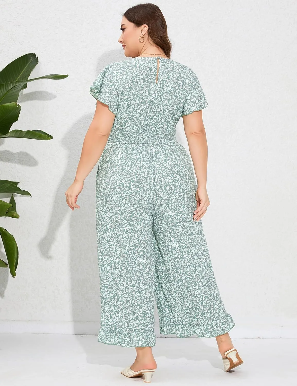 ShopWonder Plus Size Loose Jumpsuits for Women Summer Short Sleeve One Piece Outfit Elastic Waist Wide Leg Floral Jumpsuits