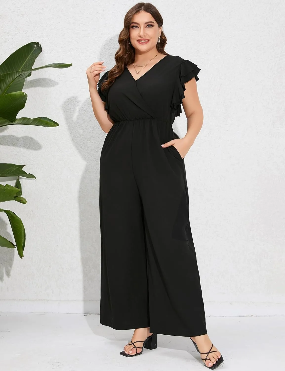 ShopWonder Women Plus Size Jumpsuit Wrap V Neck Ruffle Short Sleeves High Waist Wide Leg Romper Pants