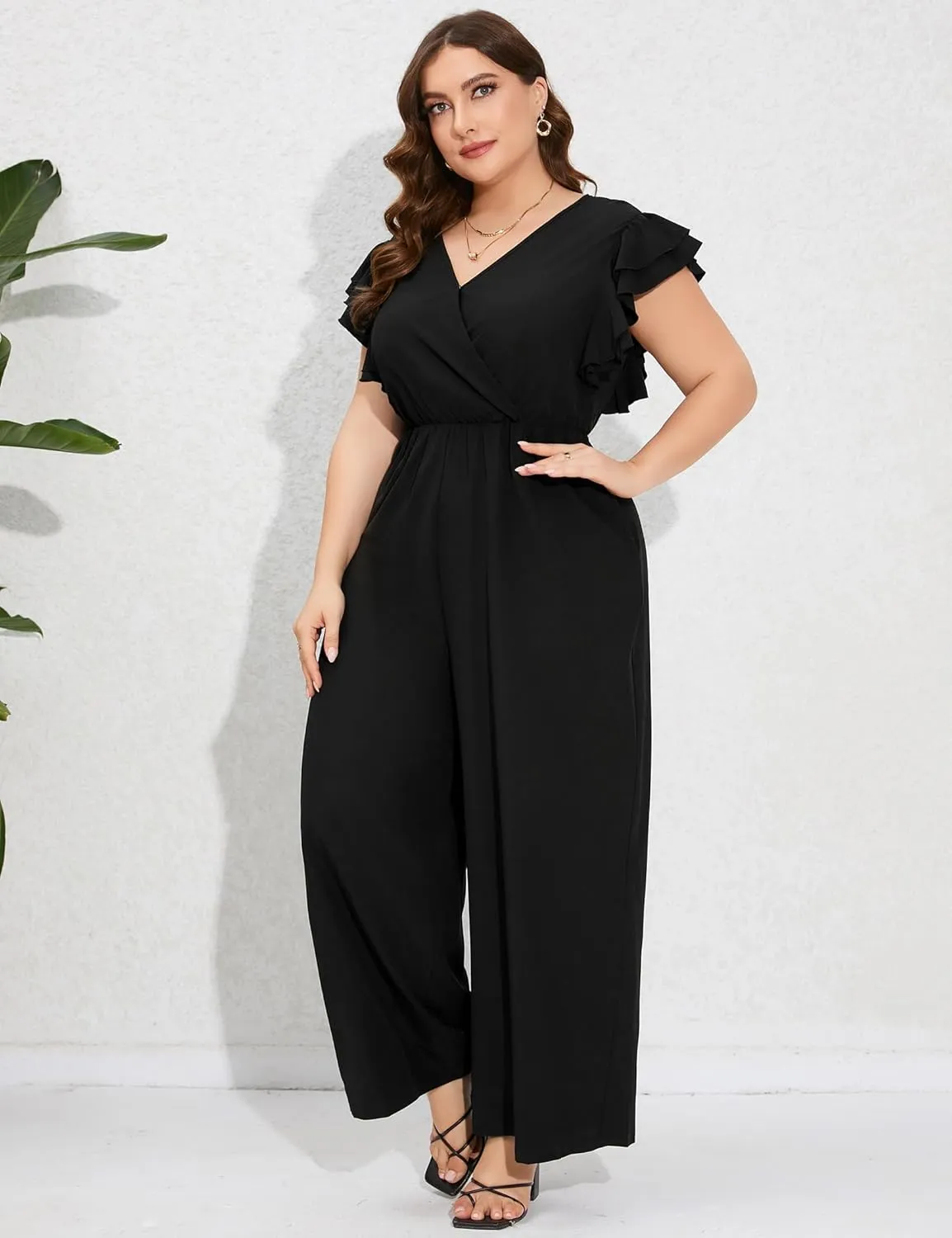 ShopWonder Women Plus Size Jumpsuit Wrap V Neck Ruffle Short Sleeves High Waist Wide Leg Romper Pants