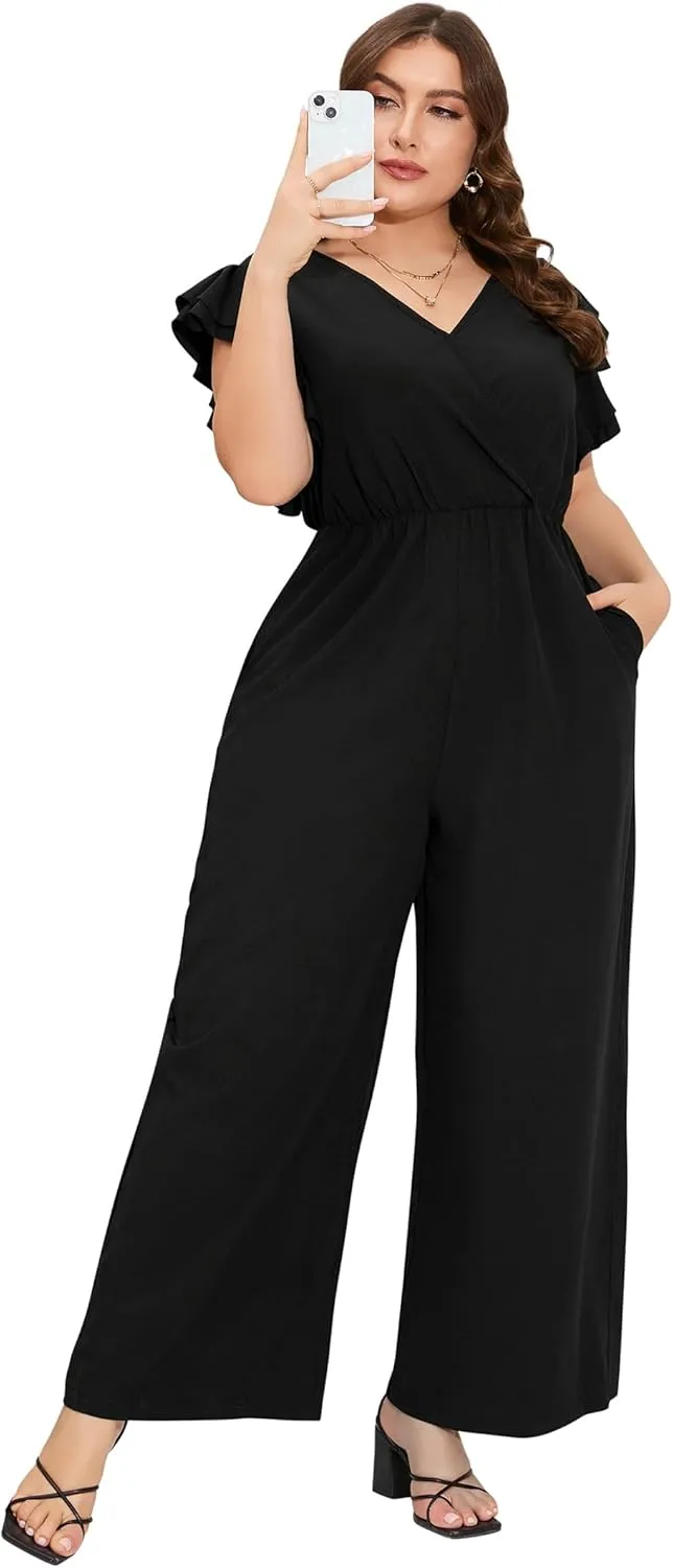 ShopWonder Women Plus Size Jumpsuit Wrap V Neck Ruffle Short Sleeves High Waist Wide Leg Romper Pants