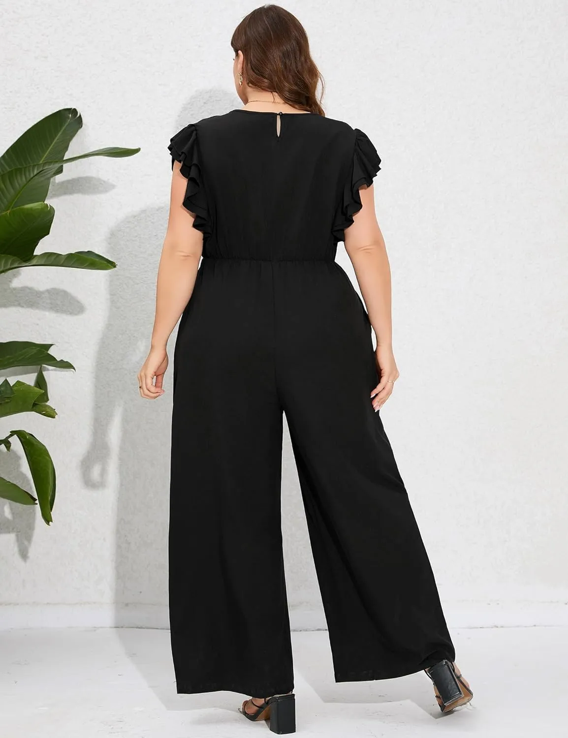 ShopWonder Women Plus Size Jumpsuit Wrap V Neck Ruffle Short Sleeves High Waist Wide Leg Romper Pants