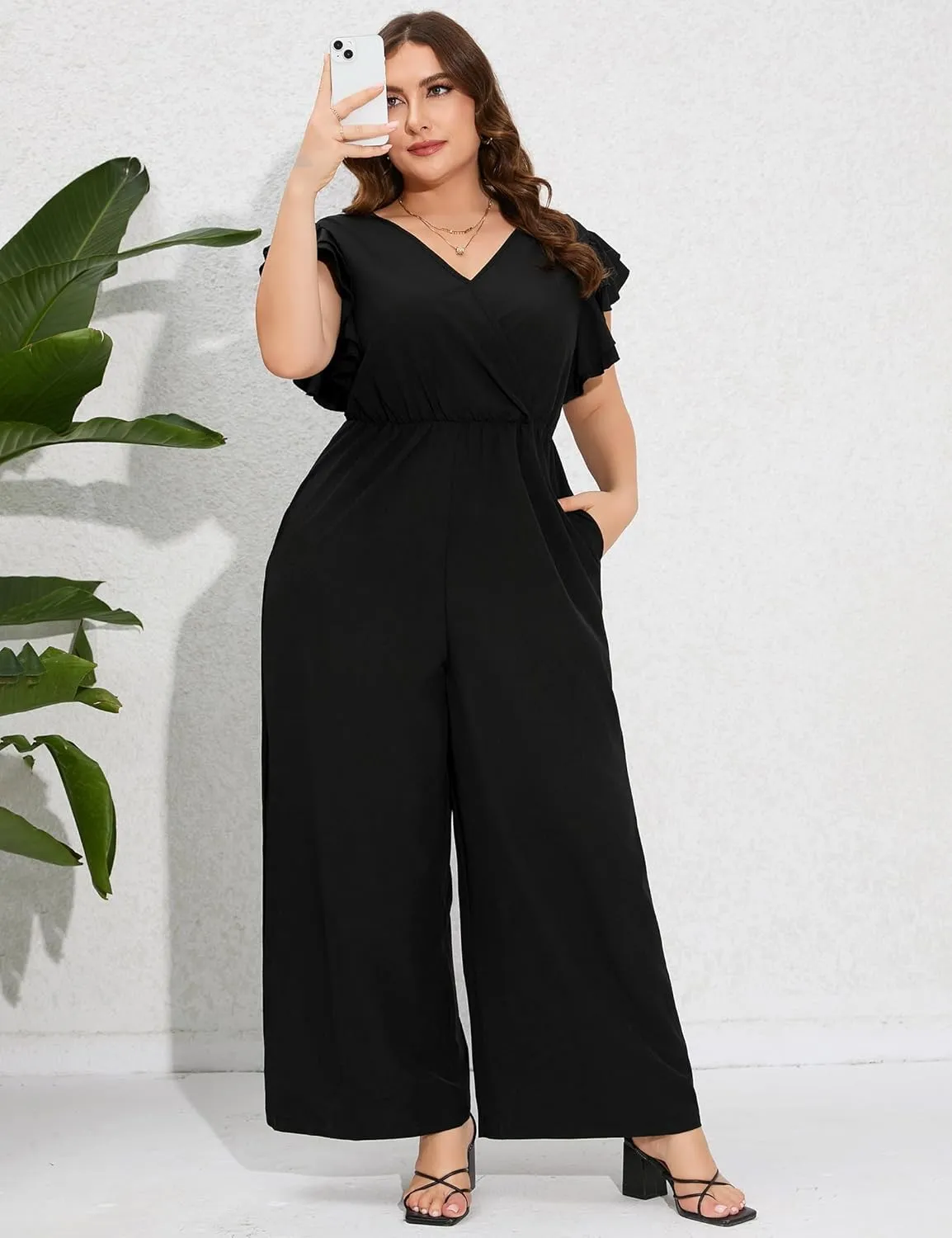 ShopWonder Women Plus Size Jumpsuit Wrap V Neck Ruffle Short Sleeves High Waist Wide Leg Romper Pants