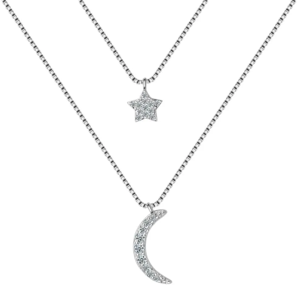 Silver 925 Star Moon Pendants Necklaces For Women Double Layer Aaa Cubic Zircon Chokers Necklace Jewelry