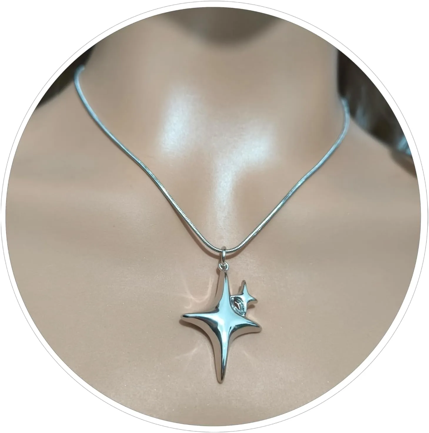 Silver Four-Pointed Star Snake Chain Necklace for Women - Adjustable Star Pendant Choker for Birthday or Festive Occasions