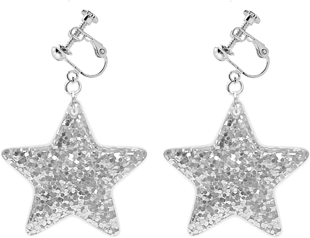 Silver Star Clip on Earrings Silver Disco Star Non Piercing Ear Clip Dangle Earrings (Silver sequin stars)