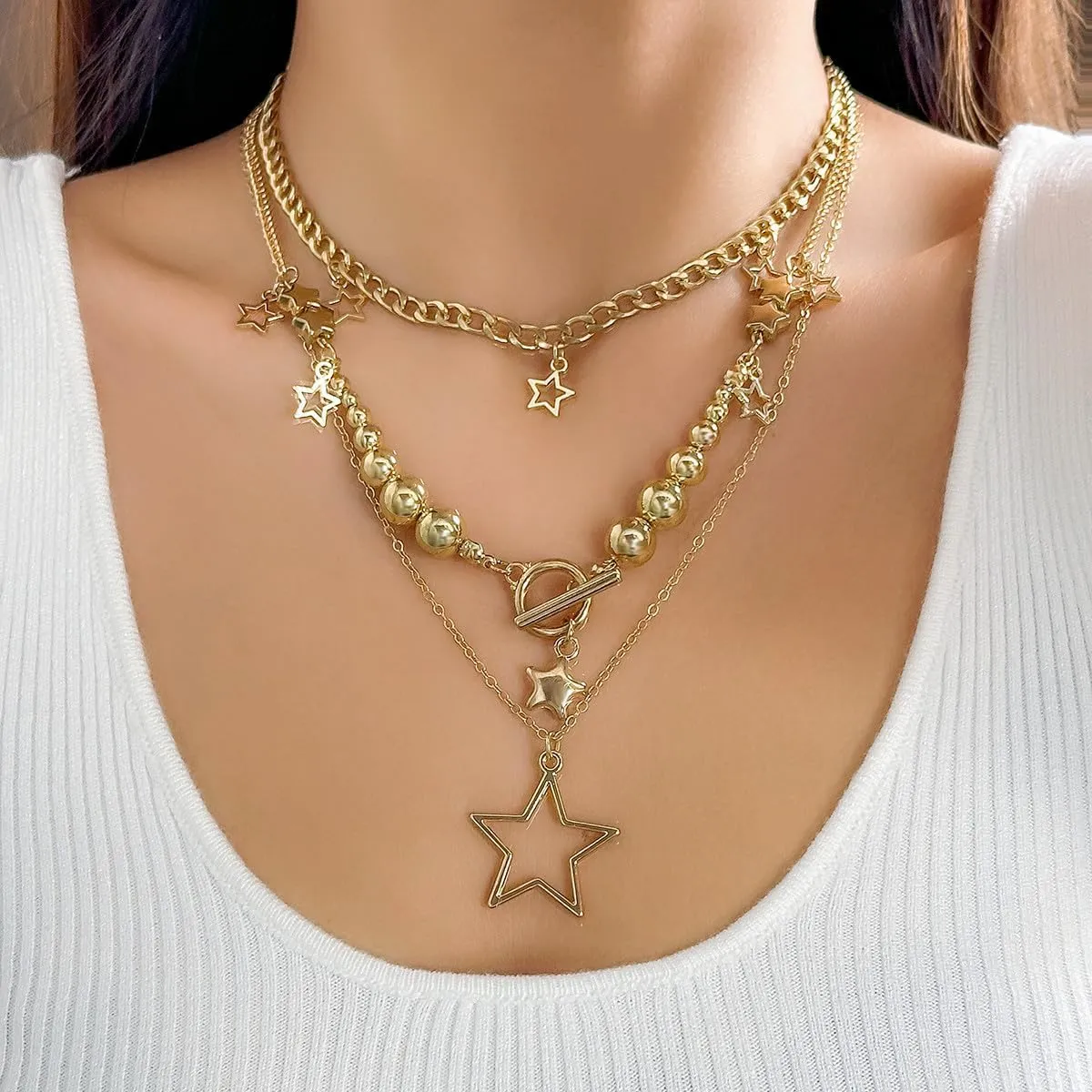 Silver Y2k Star Necklace - Layering Star Pendant Necklace - Toggle Chain Necklaces - Jewelry for Women