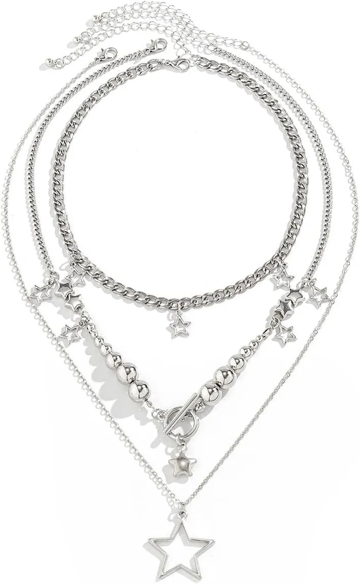Silver Y2k Star Necklace - Layering Star Pendant Necklace - Toggle Chain Necklaces - Jewelry for Women