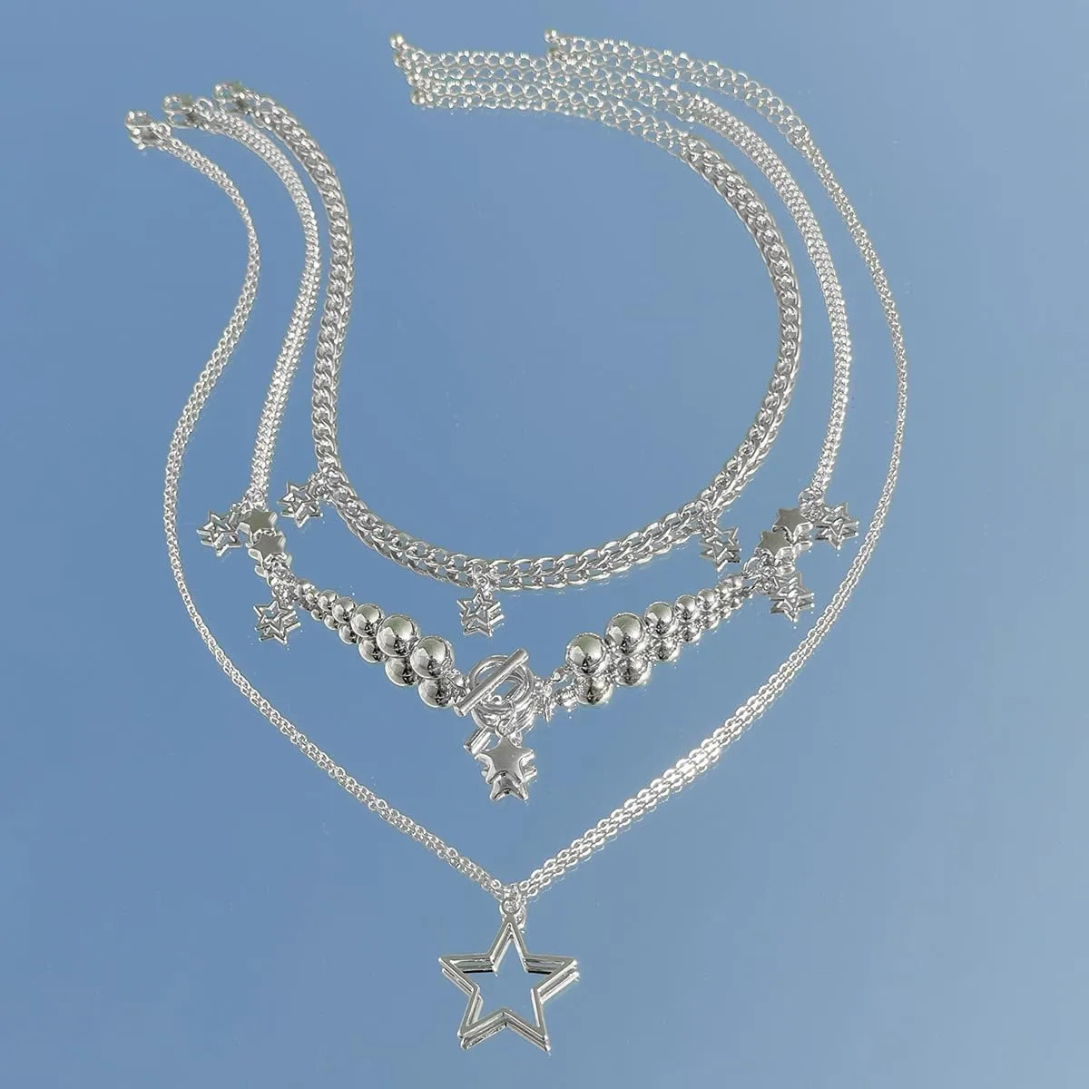 Silver Y2k Star Necklace - Layering Star Pendant Necklace - Toggle Chain Necklaces - Jewelry for Women