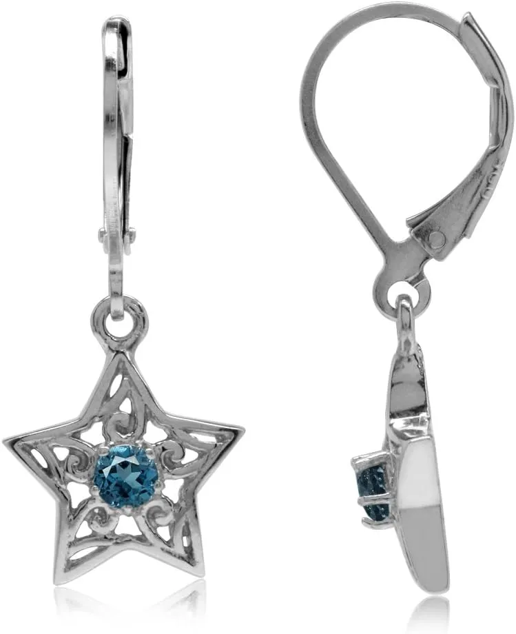 Silvershake Genuine London Blue Topaz White Gold Plated 925 Sterling Silver Filigree Star Leverback Earrings